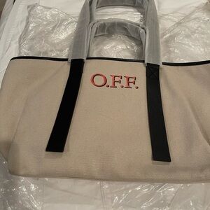 Off-White Beige Canvas Tote Bag with Black Straps